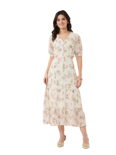 Latin Quarters Women's Off White Printed V-Neck Half Sleeves Casual Fit & Flare Dress_M
