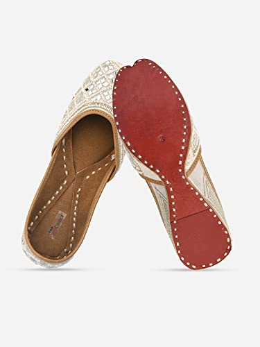 DESI COLOUR Leather Mojari Punjabi Jutti for Women Ethnic Footwear- Mirror (White, numeric_7)