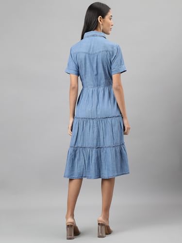 Latin Quarters Women Blue Denim Solid Knee-Length Shirt Dress with Collar Neck Half Sleeves and Button Closure in Cotton Viscose Fabric
