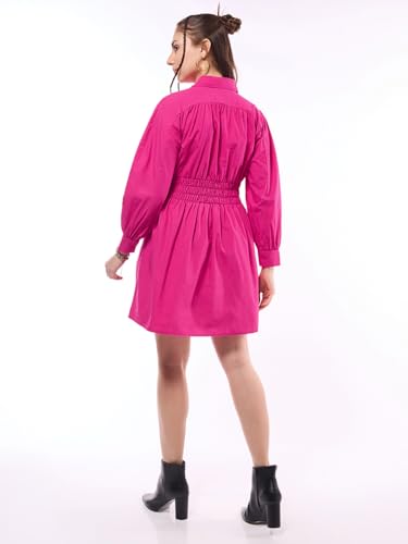 Bewakoof Women's Solid Oversized Fit Full Sleeve Collar Cotton Shirt Dress 635464 Pink M