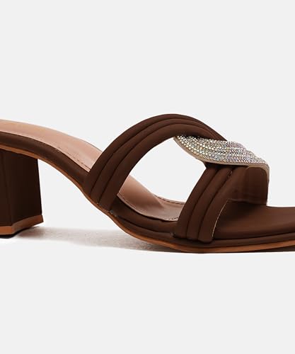 JM LOOKS Women's Block Heeled Sandals Low Chunky Heels Embellished Upper Open Square Toe Dress Shoes for Wedding Bridal Party - Brown