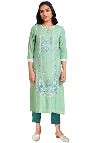 W for Woman Light Green Floral Printed Lace Rayon Straight Kurta and Slim Pant Set (ONWAS18662-120047-L)