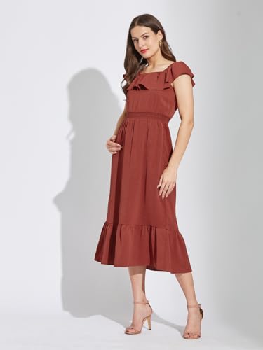 Latin Quarters Women Rust Square Neck Cap Sleeves Solid Below Knee A-Line Dress for Casual Wear_M