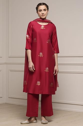 Biba Women Red Chanderi Relaxed Dyed Kurta Pants Set_34