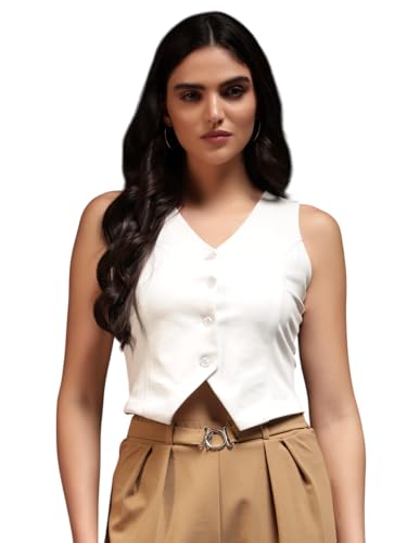 Trend Arrest.ed Women's Button Down Waistcoat Top | V-Neck Tailored Vest | Cropped Modern Blouse (Off-White,S)