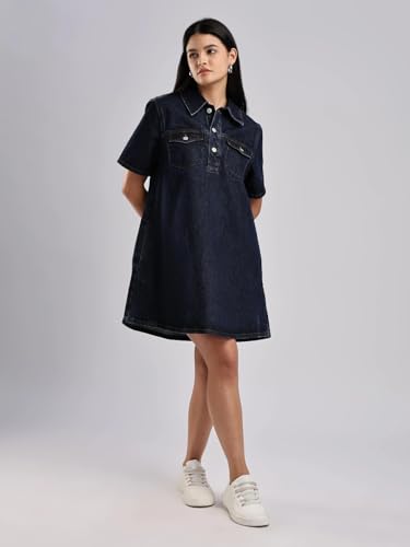 Calvin Klein Jeans Women's Cotton A-Line Above The Knee Casual Dress (47B073G401_Dark Ck Blue