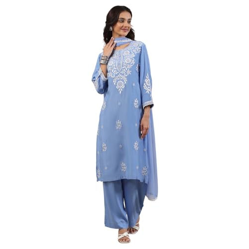 Biba Women Blue Poly Viscose Straight Suit Set_36