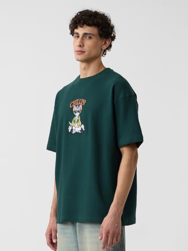 The Souled Store Tom & Jerry: Chillin' Men and Boys Short Sleeves Round Neck Green Embroidered Cotton Oversized T-Shirts