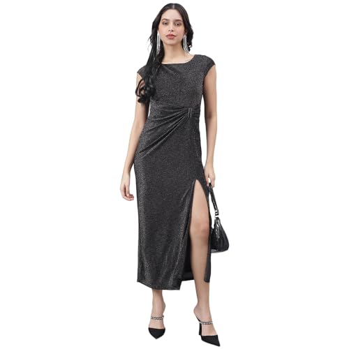 Latin Quarters Women Black Cap Sleeve Round Neck Maxi Dress