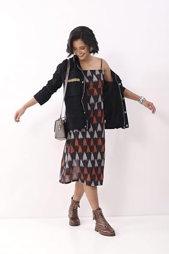 Biba Nxt Women Black Cotton Abstract Printed Strappy Midi Dress_38