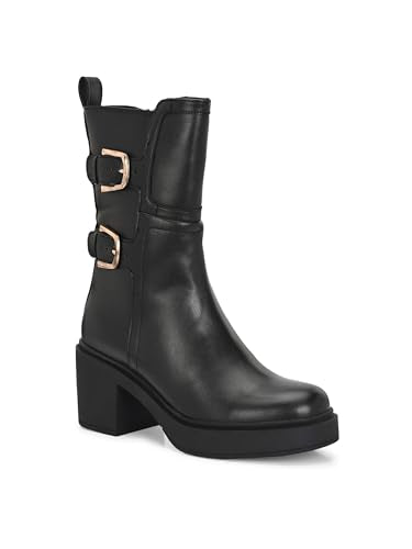 Delize Black Women calf high platform boots-66292-41