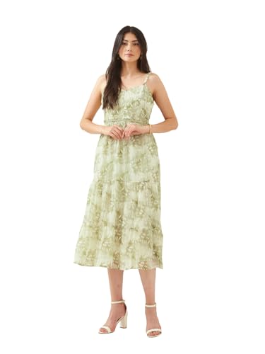 Latin Quarters Women Green Sweetheart Sleeveless A-Line Printed Casual Dress_S