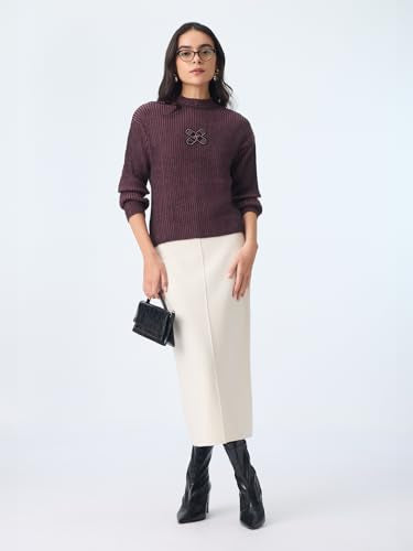 The Souled Store Textured Sweater: Amethyst Women and Girls Full Sleeves Mock Neck Ribbed Knit Acrylic Lightweight Casual Winter Pullover Oversized Sweater