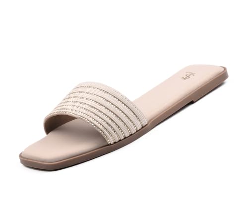 LOUIS STITCH Women’s Pearl White Elegant Flat Sandals with Rhinestone Studded Straps | The Embellished Series | Luxury Comfort Slip-On Flats for Women | Perfect for Travel, Casual & Daily Wear | LSLD-FL05-GD | UK-5