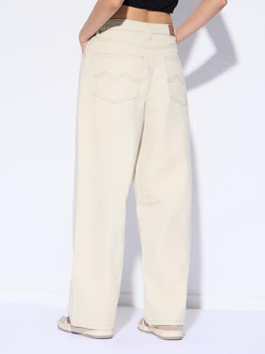 The Souled Store Barrel-Fit Denim: Ivory Dust Women and Girls Buttoned Waistband Solid Cotton Lightweight Everyday All-Season Loose Fit Jeans