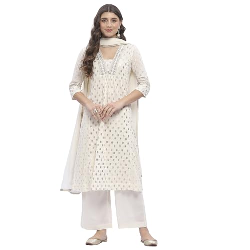 BIBA Women Off-White Cotton Printed Gathered Suit Set_46