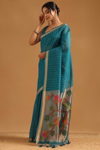 Soch Womens Turquoise Blue Tissue Botanical Zari Woven Saree