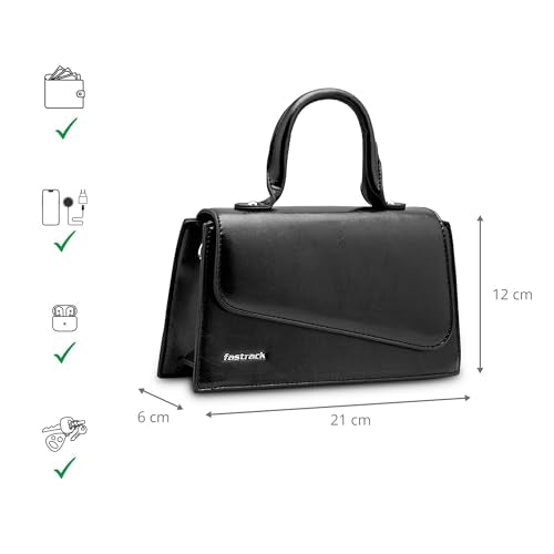 Fastrack Lil’Spark Sling | Black Faux-Leather Women’s Handbag | Sling with Fixed Handle & Detachable Strap for Casual & Party Carry