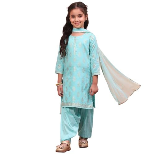 Biba Girls Printed Straight Cotton Kid (Kw2953_Turquoise_13, Suit Set)