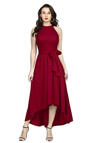 REMO - The Right Choice Women's Halter Neck Maxi Dress, Maroon Red, High-Low Hem with Waist Tie Belt, Sleeveless (in, Alpha, M, Regular)