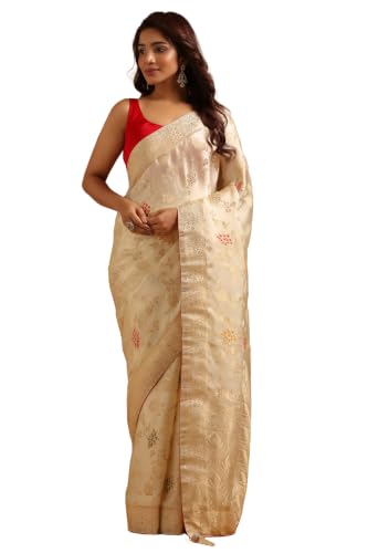 Soch Womens Cream Satin Botanical Zari Woven Saree
