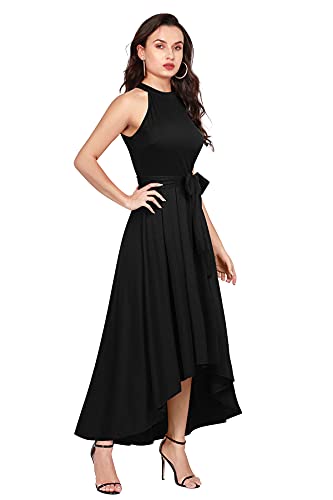 REMO - The Right Choice Women's Halter Neck Sleeveless Maxi Dress, Black, High-Low Hem with Waist Tie Belt (in, Alpha, M, Regular)