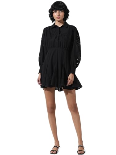 ONLY Women Self Design Black Cotton Mini Length Fit and Flare Dress