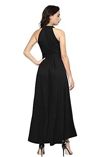 REMO - The Right Choice Women's Halter Neck Sleeveless Maxi Dress, Black, High-Low Hem with Waist Tie Belt (in, Alpha, M, Regular)