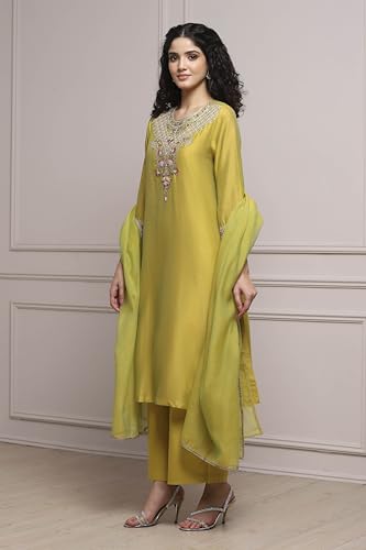 Biba Women Lime Green Chanderi Straight Dyed Suit Set_42