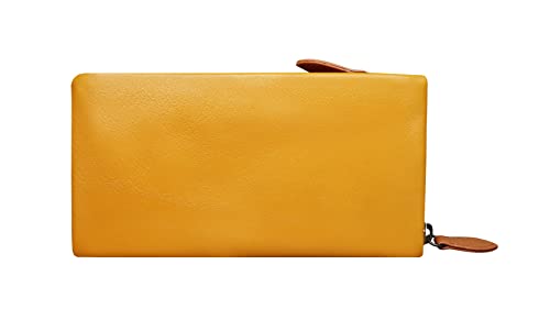 Calfnero Women's Genuine Leather Wallet-Long Purse Wallet with Multiple Card Slots, Zip Pocket with Note Compartments (Yellow)