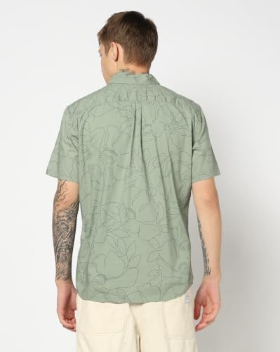 Men Floral Spread Collar Half Sleeve Shirts, Green, M