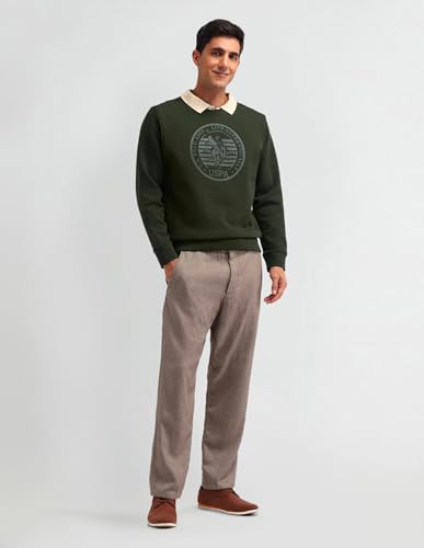 U.S. Polo Assn. Denim Co. Men's Olive Printed Crew Neck Long Sleeve Casual Cotton Regular Fit Sweatshirt (UDSWS0488_Olive_S)