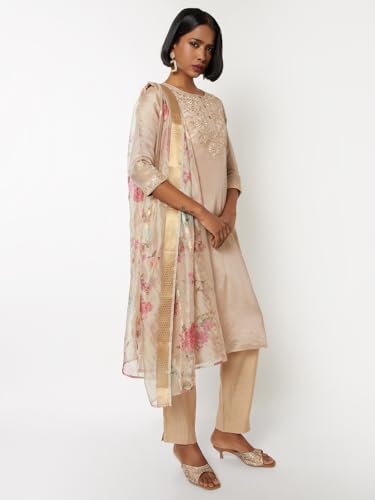 Max Women Floral Embroidered Straight Kurta Set (Beige_XXL)