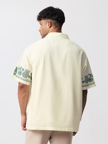 The Souled Store Summer Shirt: Desi Heat Men and Boys Short Sleeve Cuban Collar Light Yellow Embroidered Lightweight Easy to Style Everyday Street Wear Trendy Casual Cotton Oversized Shirt