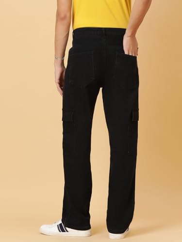 KOTTY Men's Solid Mid Rise Straight Fit Stylish Looking Cargo Jeans(Black,30)