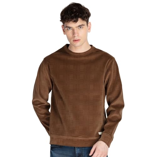 Status Quo Mens Solid Round Neck Lightweight Sweatshirt Brown