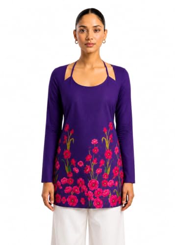 Threadflix Women Floral Printed Long Sleeve Tunic Top | Stylish Cut-Out Neck Casual Kurti | Corset Back & Laila Kurti | Soft Stretch Western Top for Women & Girls
