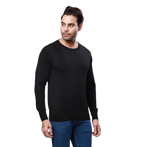 Raymond Men's Regular Fit Acrylic Wool Blend Full Sleeve Round Neck Structure Pattern Black Casual Sweater (Size: L)-RMWX01233-K8