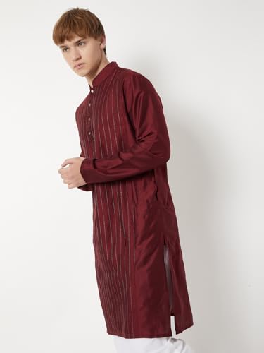 Max Men Striped Straight Long Kurta (Red_L)
