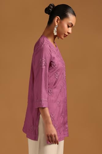 Soch Womens Purple Chanderi Floral Tunic with Thread Work