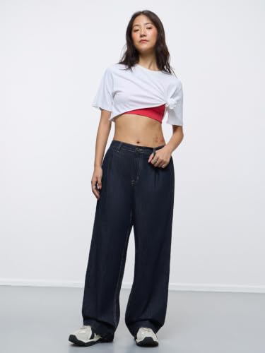 The Souled Store Barrel-Fit Denim: Indigo Blue Women Girls Elastic Back Waistband Solid Cotton Denim Wide Leg Relaxed Fit Lightweight Everyday Comfortable Jeans