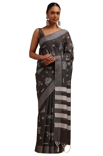 Soch Womens Charcoal Chanderi Warli Print Saree With Thread Work