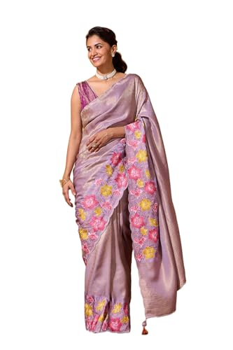 Taneira Women Violet Viscose Tissue Embroidered Saree with Unstitched Blouse Piece (SAPP01AA0723-Violet)