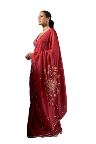 Taneira Women Red Pure Silk Cotton Embroidered Saree with Unstitched Blouse Piece (SAPP01AA1376-Red)