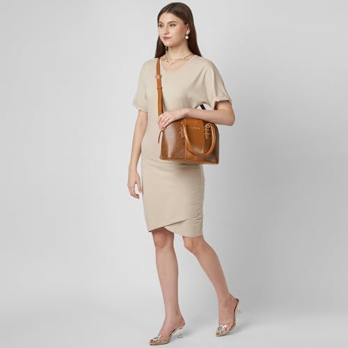 Caprese Macie Medium Satchel for Women | Textured Faux Leather Handbag with Adjustable & Detachable Strap | Stylish Shoulder Bag with Zipper Closure | Perfect Office, Travel & Everyday (Tan)