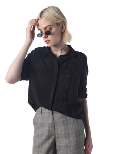 ONLY Women's Embroidered Regular Fit Black Shirt
