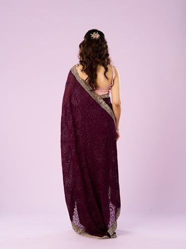 MOHEY Women's Georgette Embroidery|Stone Work Saree with Blouse Piece(Wine)