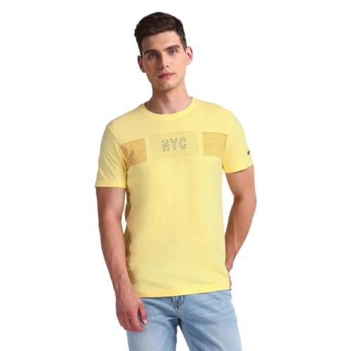 Arrow Typographic Print Cotton Fit T-Shirt (ASAEOTS5102_Yellow_M)