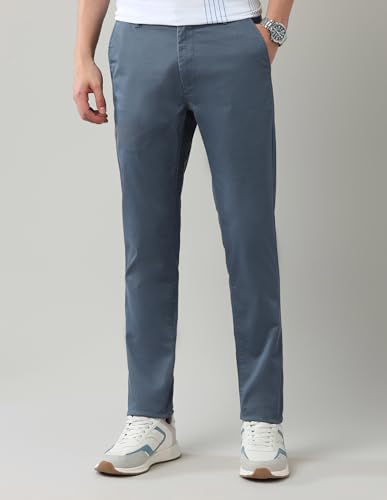 Arrow Sports Men's Blue Solid Mid Rise Cotton Button Slim Fit Flat Front Slant Pocket Trousers (ASAJTR2484_Blue_30)