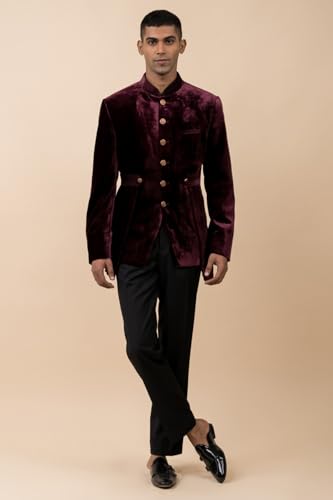 TASVA Wine Velvet Bandhgala With Top Stitch Detailing| Size: L